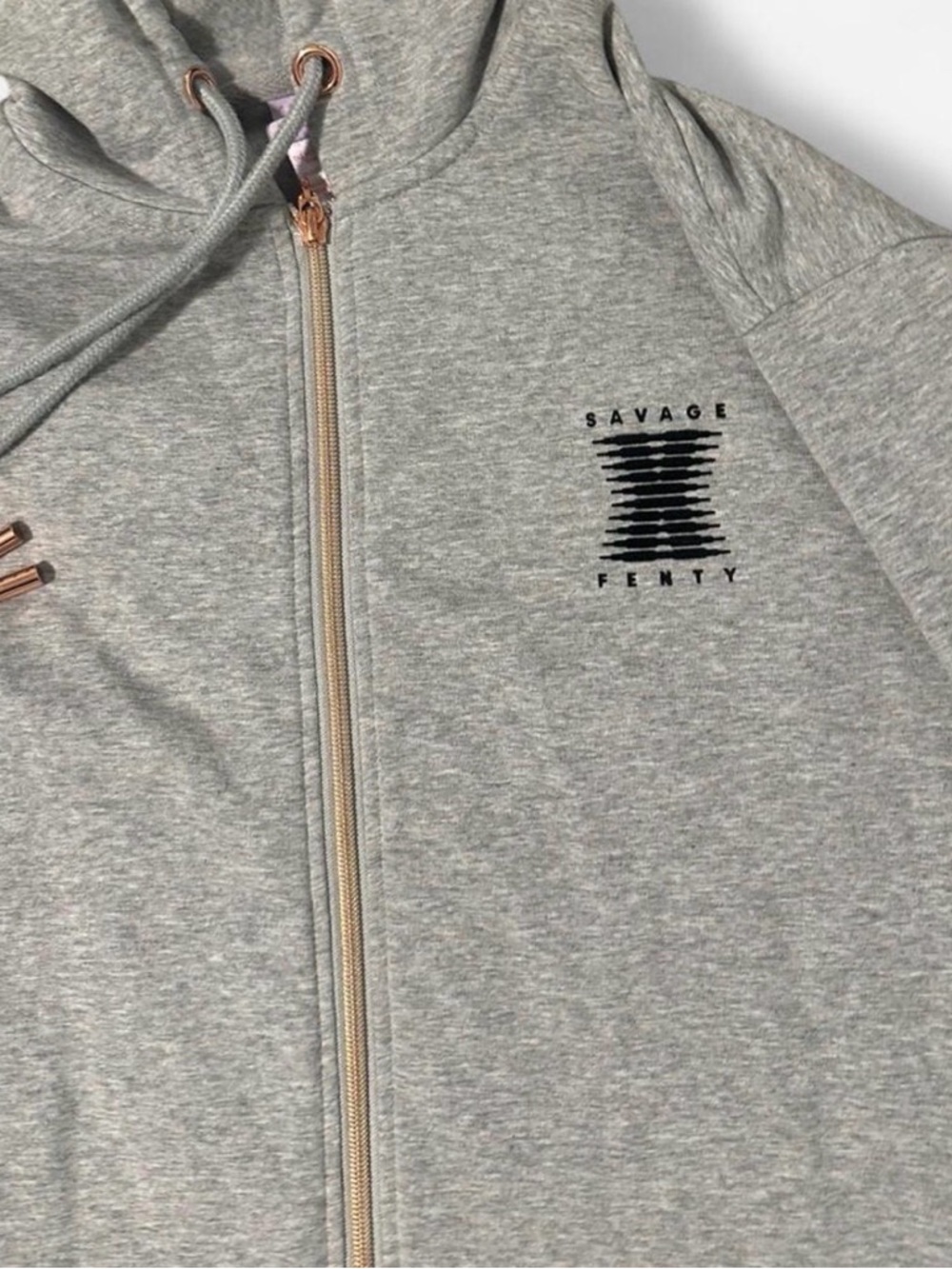 Savage X Fenty Light Gray Hoodie with Black Logo and Rose Gold Trim